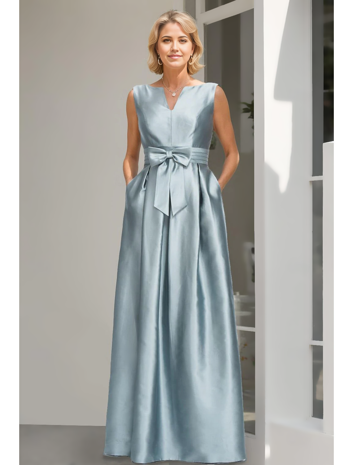 Vestido elegante de dos piezas para madre de la novia, corte en A, con brillo y brillo, escote en V, largo hasta el suelo, satén con lentejuelas, manga 3/4, cruzado incluido con lazo(s), talla personalizada gratis 2024